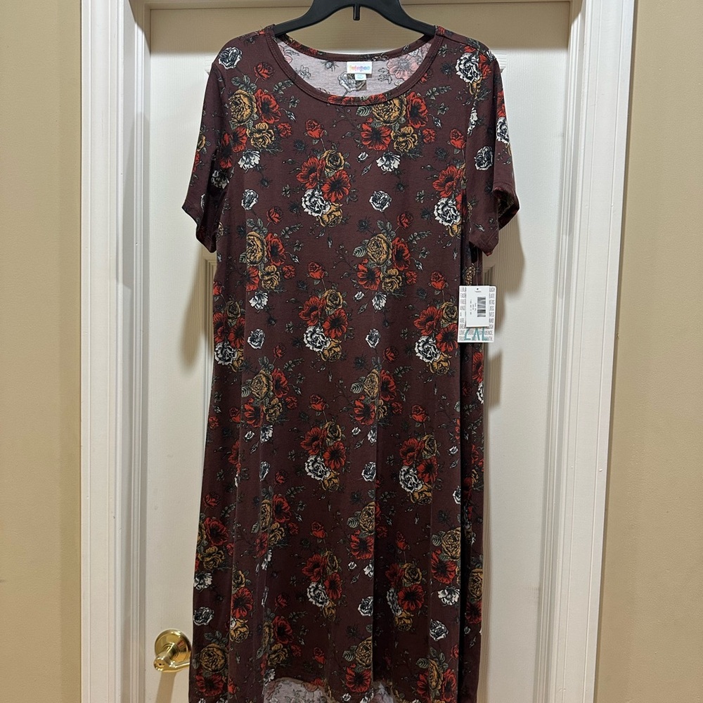 LuLaRoe Brown Floral Short-Sleeve Midi Dress with Red & Cream Roses